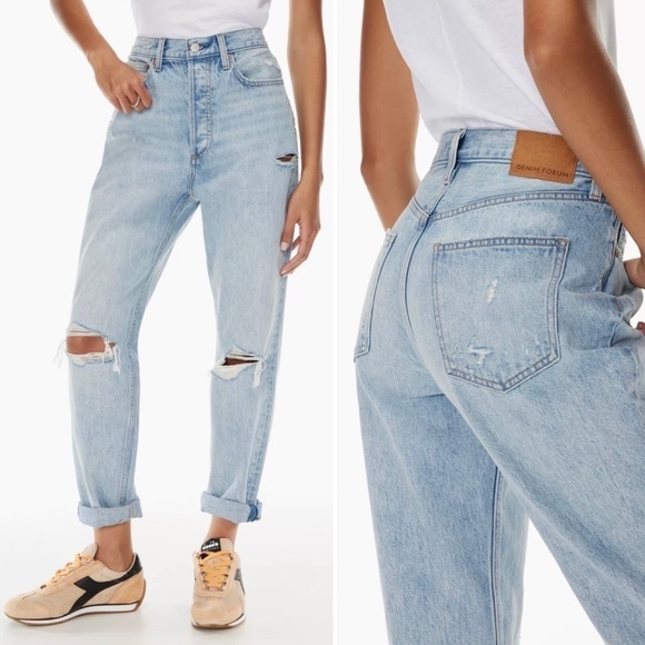 Denim Forum Jeans Pant Aritzia High Boyfriend Loose Distressed Denim Blue 24 - Picture 1 of 14